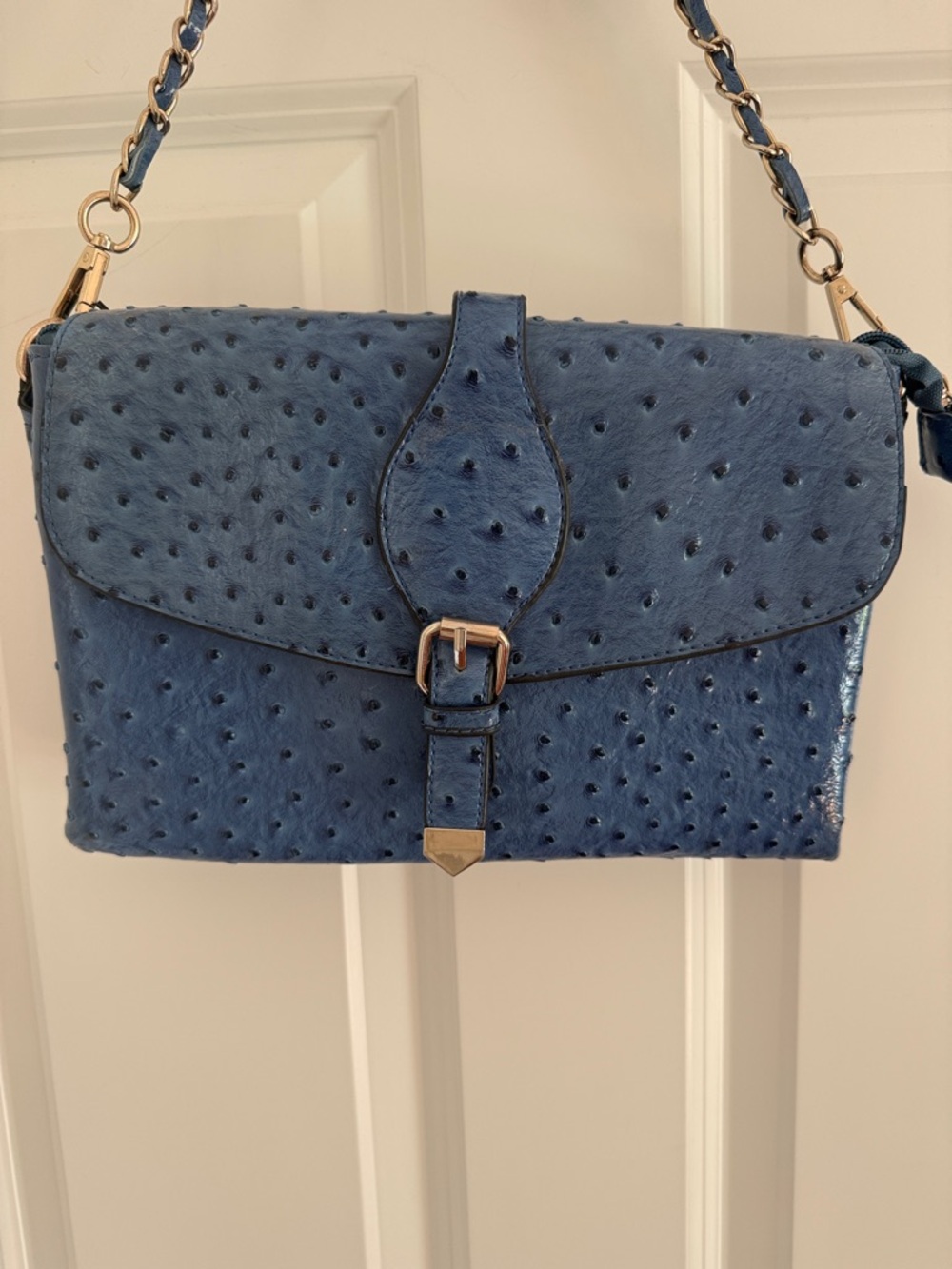 Blue Faux Ostrich Textured Leather Shoulder Bag - Designer Style